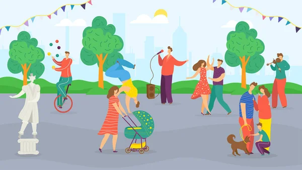 Festival cittadino, festival estivo, fiera del parco per famiglie con musicisti, clown e decorazioni, gente felice che cammina, illustrazione vettoriale di danza. — Vettoriale Stock