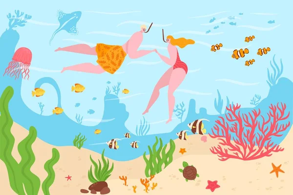 Underwater in tropical coral reefs ocean divers man and woman dive among marine fish vector illustration. Perenang bawah air. - Stok Vektor