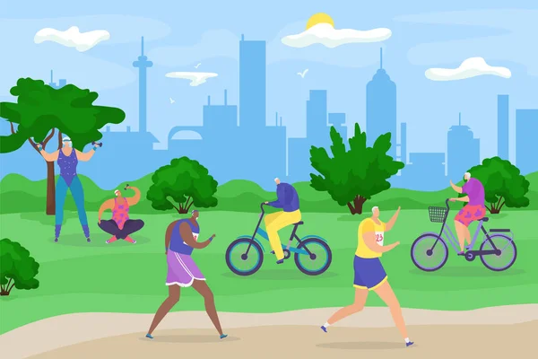 Idosos idosos no parque, estilo de vida ativo para idosos aposentados, jogging, ciclismo e fazendo exercícios ilustração vetor de desenhos animados plana . —  Vetores de Stock