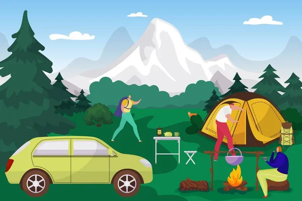 Skogscamping på semester, turism på sommaren, vandring med tält i bergen platt vektor illustration. Vandring och camping rekreation. — Stock vektor