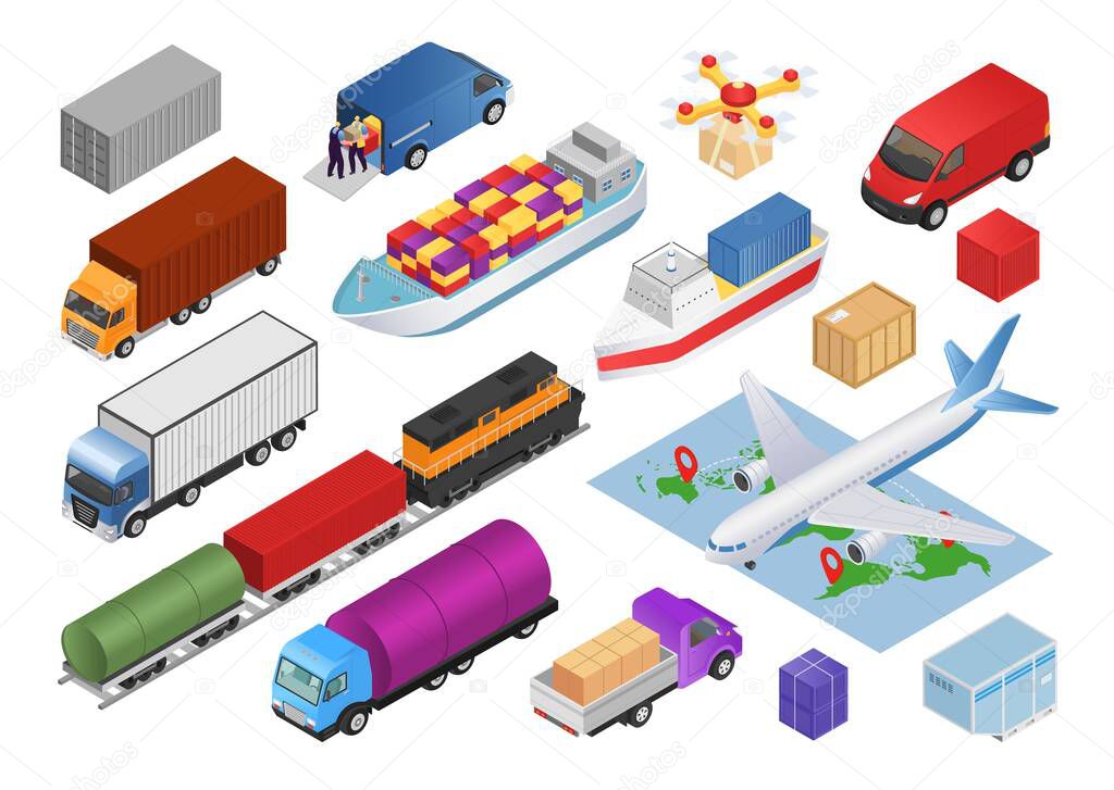 Logistics isometric set with transport cargo delivery 3d icons isolated vector illustrations. Transportation collection of truck.