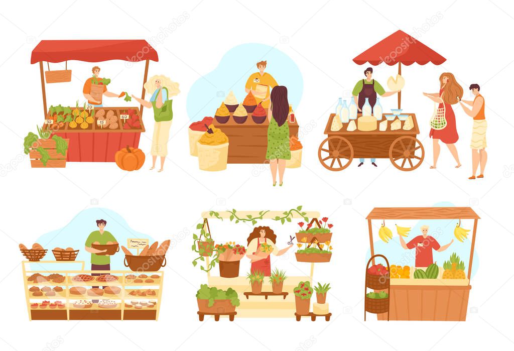 Stall market shops set of sellers at counter and food, isolated vector illustrations. Market sellers at kiosks with vegetables.