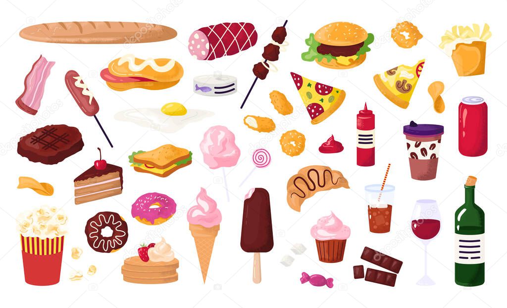 Unhealthy food for street cafe, fast food icons set with hamburger, sausage, sandwich,french fries and donut, soda, pizza.