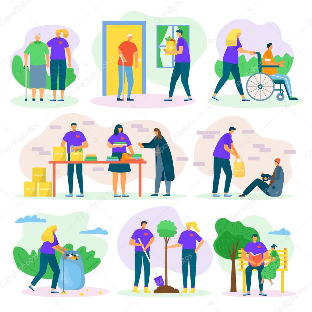 Volunteers help and charity set with people care, helping seniours, invalids and poor, social support flat isolated vector illustrations set.