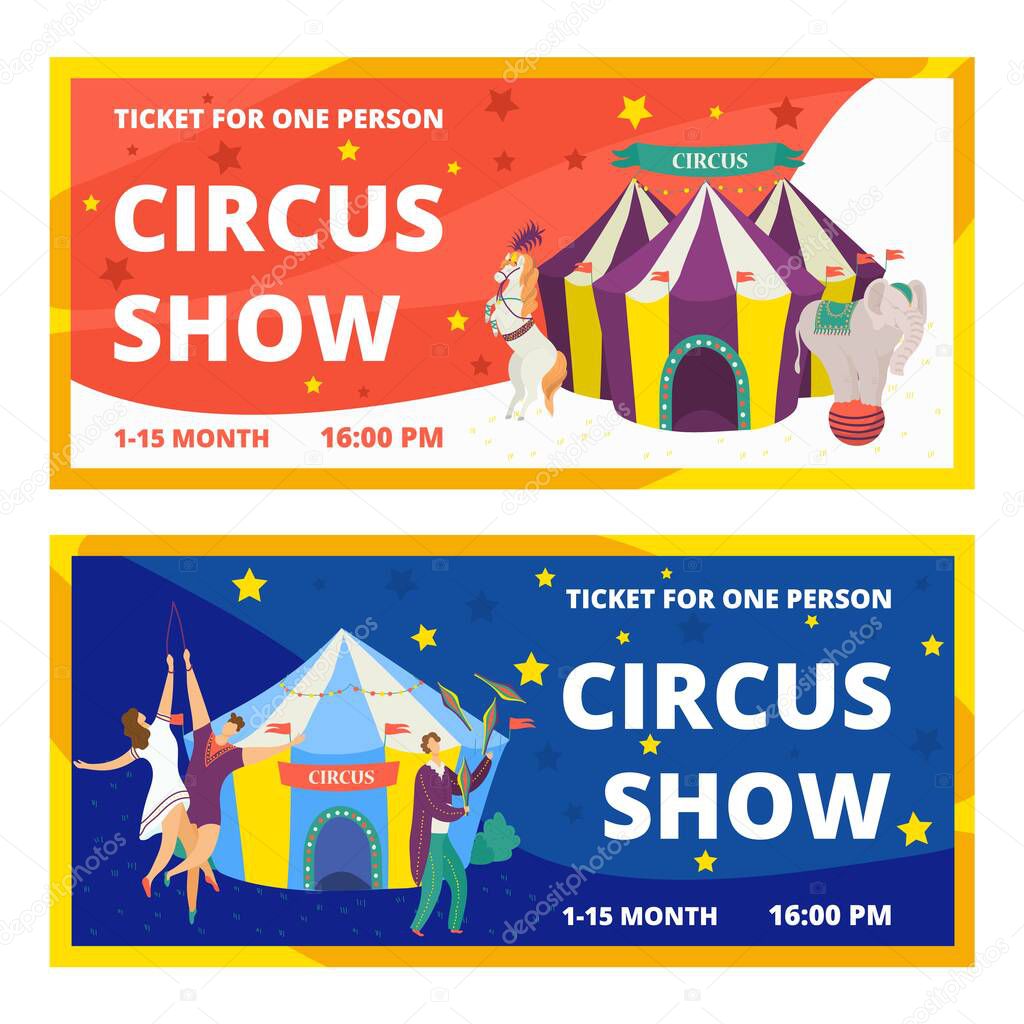 Circus tickets set of carnival entertainment horizontal banners with animals show and performance with acrobats and magician vector illustration.