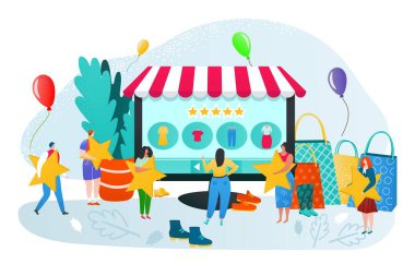 Çevrimiçi mağaza derecelendirmesi ve geri bildirim, müşteri yorumları vektör illüstrasyonu. E ticaret, online alışveriş oranları, internet alımları. Güven ölçümleri, en yüksek puanlı ürün.