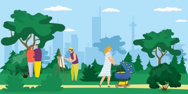 Şehir parkında gezen insanlar, bebek arabalı genç bir anne, resim çizen bir sanatçı ve mutlu çift vektör çizimi..