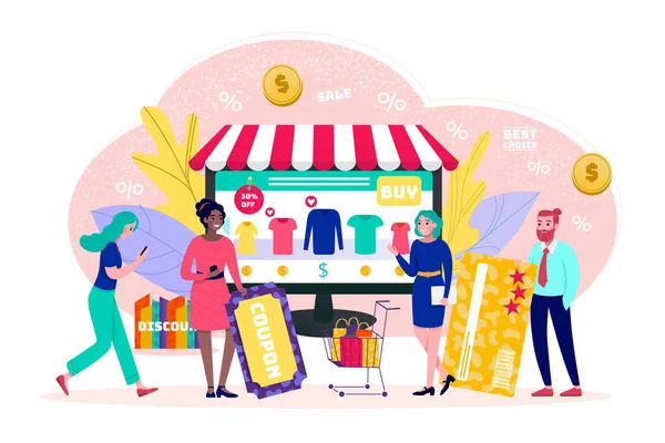 Boutique en ligne concept, vente, petites personnes clients acheteurs avec visa illustration vectorielle de paiement en ligne. Technologie de boutique en ligne sur Internet. — Image vectorielle