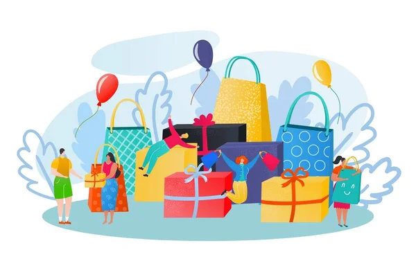 Compras regalos personas vector ilustración de las mujeres y hombres pequeños personajes felices con enormes cajas de regalo, bolsas de papel y bienes. — Vector de stock
