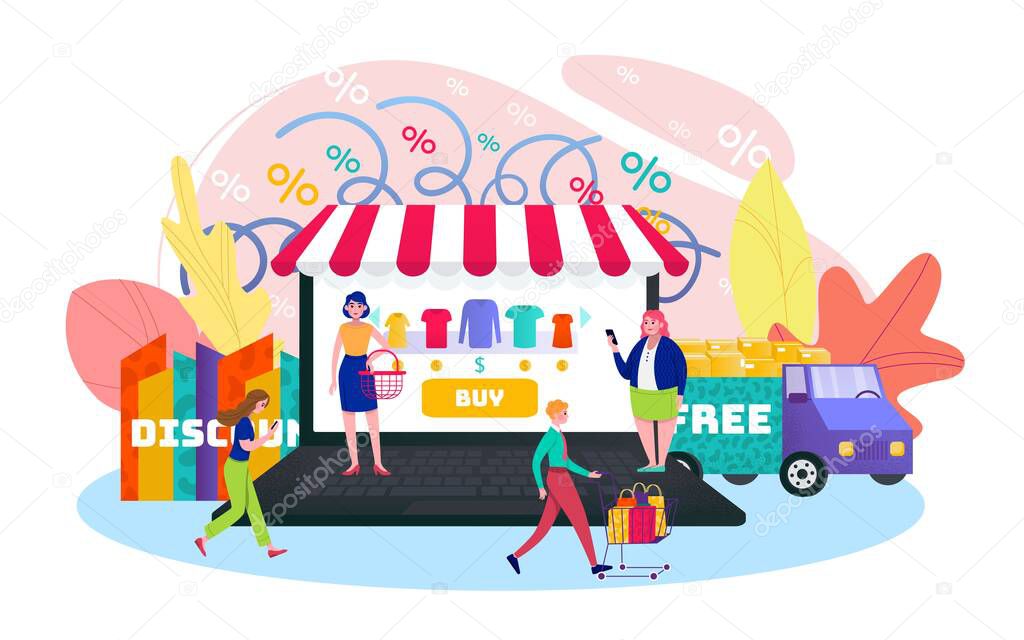 Online shop, laptop with internet store and fast delivery concept, girls tiny people shoppers vector illustration. Online shop discouter, buying cloths.