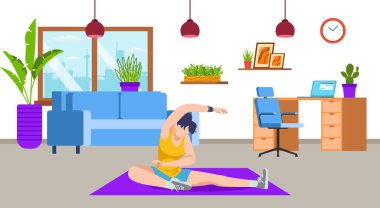 Yoga, egzersiz, spor egzersizi, oturma odası vektör illüstrasyonunda spor yapan aktif bir kız. Spor aktivitesi ve sağlıklı yaşam tarzı, eğitim.