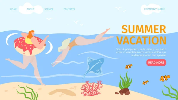 Summer vacation landing page, sea swimming, outdoor activity and rest on beach, vector illustration. Woman swim, dive in ocean, enjoy summer vacation.
