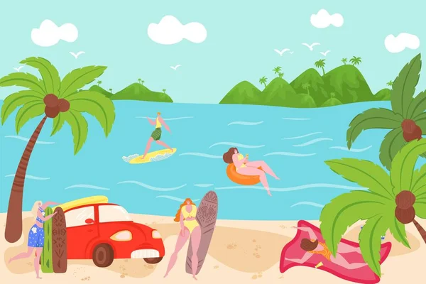 Natación personas en verano al aire libre en trajes de baño nadan juntos y anillo de goma flotando en la ilustración vector de agua de mar. Playa playa nadar vacaciones cartel. — Vector de stock