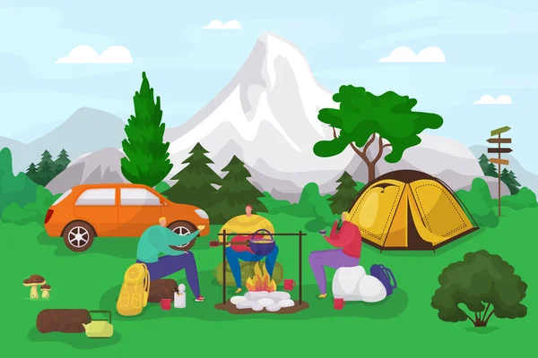 Turistas en el campamento, senderismo de verano, turistas antes de camping chimenea, viajes expedición plana vector ilustración. — Vector de stock