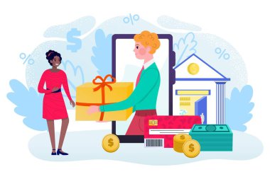Nakit ya da para, kredi kartı ve vektör illüstrasyonu için iş finansmanı kavramını iade ediyor. Akıllı telefon, banka kartı, alışverişler ve geri ödeme.