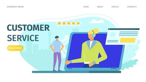 Kundendienst, Call Support Center per Telefon, Bediener im Headset online im Computer, Landung Vektor Illustration. Rückmeldungen von Callcentern. — Stockvektor