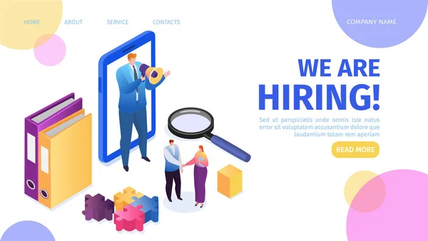 Contratação, recrutamento, carreira e emprego emprego landing page vetor ilustração. Entrevista de emprego, agência de recrutamento, gerente de horas . —  Vetores de Stock