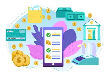 Mobile banking and business technology in internet, money transaction, payment elements for infographic vector illustration. Credit pay cards.