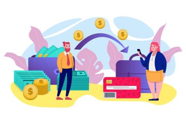 Para aktarıcı, mobil işlem, internet ödemesi, bankacılık, nakit para ve sikkeler, kredi kartları çevrimiçi bankacılık vektör ilüstrasyonu.