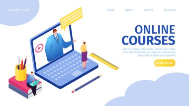 İnternet sahasına inen web sayfası illüstrasyonuyla uzaktaki insanlar için çevrimiçi kurslar. Uzaktan eğitim, dizüstü bilgisayarda erkek öğretmen..