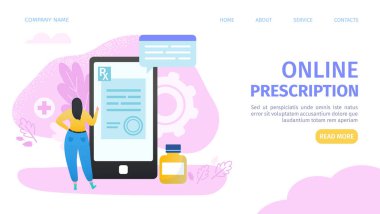 Çevrimiçi reçete, mobil ilaç, ruh sağlığı, online doktor iniş sitesi vektör illüstrasyonu. Tıbbi uygulaması olan akıllı telefondan önce kadın.