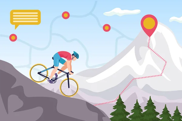 Mountainbike-Wettbewerb, Radfahren Extremsport Vektor Illustration. Downhill-Radfahren. Biker-Hochsprung am Berg mit Kartenschildern. — Stockvektor