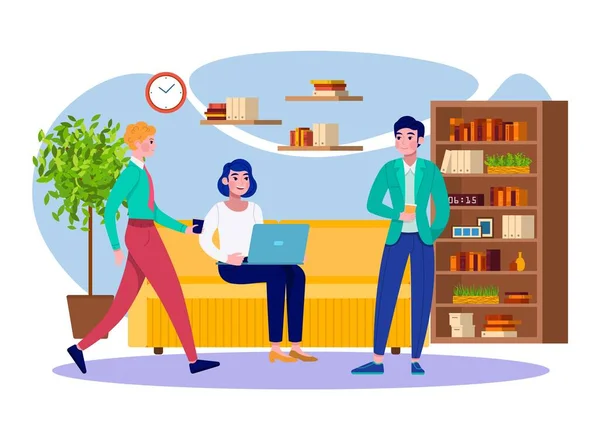 Office coffee break business people team relax at work flat vector illustration. Young men and woman professionals colleages together.