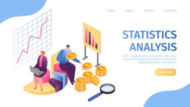 İstatistiksel analiz, veri pazarlama ve yönetim raporları iniş sayfası illüstrasyonu. Araştırma mali büyümesi.