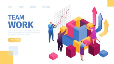İş dünyasında takım çalışması, takım çalışması liderlik vasıfları yaratıcı takım iniş web sayfası şablonu, vektör illüstrasyonu. Küçük insanlar..