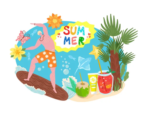 Concepto horario de verano, vacaciones tropicales, viajes, temporada de playa de arena e ilustración de vectores planos de surf. Surfista en boad en mar y palma. — Vector de stock
