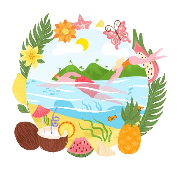 Summer vacation concept, tropical island, travel, sand beach season and swimming flat vector illustration. Vacationer girls diving.