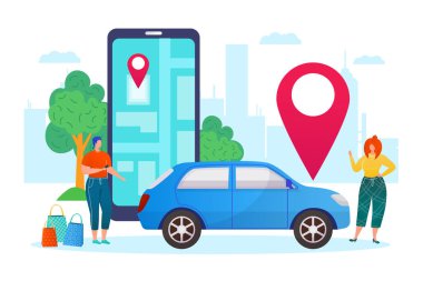 Araba paylaşımı, ulaşım aracı konsepti, kiralık araba işi düz vektör çizimi. Akıllı telefon uygulaması ile otomatik kiralama hizmeti ve insanlar araba paylaşımı.