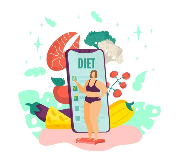 超重女性饮食，肥胖女性和健康饮食食品与饮食计划从营养师在智能手机上分离的病媒说明。肥胖人士的健康生活方式、减肥 — 图库矢量图片