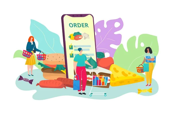 Matleveransservice, orderkurir, glada människor shoppa och få klar måltid hemma med hjälp av smartphone app vektor illustration. — Stock vektor