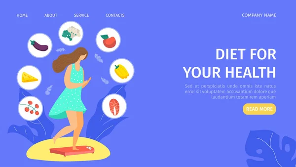 Dieta para la ilustración del vector de estilo de vida saludable para la plantilla de landing page. Salud, dieta y nutrición diaria para las mujeres que hacen dieta. — Archivo Imágenes Vectoriales