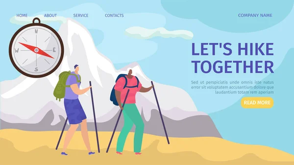 Caminhe juntos, viajando e caminhadas para turistas aventura na natureza website pouso, ilustração vetorial. Viajar, caminhar para grupos e amigos . — Vetor de Stock