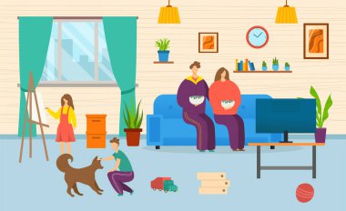 Aile bir arada, vektör çizimi. Baba kanepede anne, çocuk karakter çizim ve oyun köpek, düz ev iç.