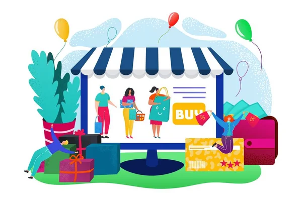 Compras en línea, venta, personas que compran en la ilustración de vectores en línea ordenador. Tienda de mujeres jóvenes en línea. Chicas con carrito de compras y bolsas de compras — Vector de stock