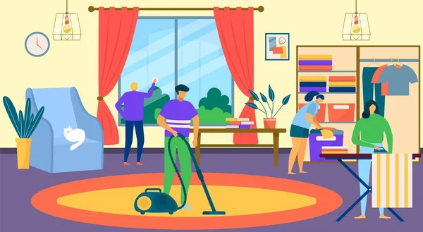 Familie schoon huis, mensen in huis interieur vector illustratie. Huishoudelijk werk voor vrouw man karakter, flat cleaner. — Stockvector