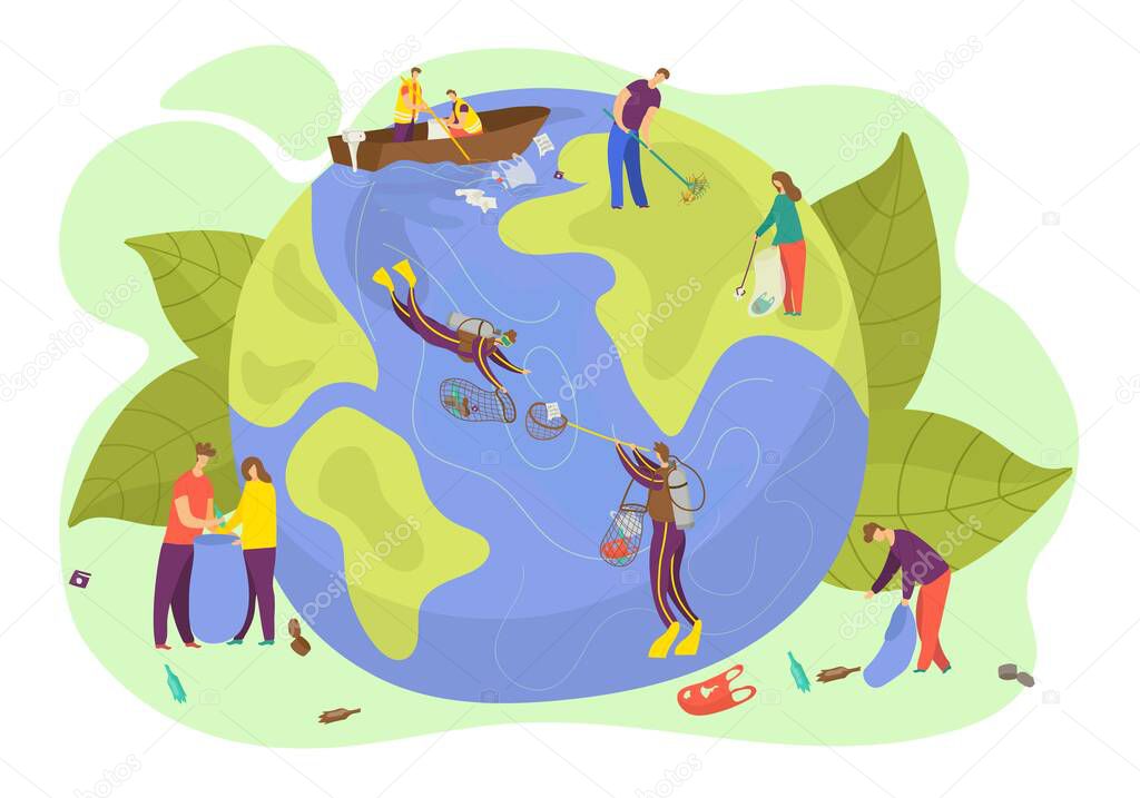 Eart planet ecology, vector illustration, Save world and nature environment concept, people character care flat protection.