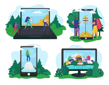 Çizgi film uygulaması, vektör illüstrasyonunda doğa yürüyüşü. İnsanlar düz konsept seyahat eder, yaz tatilinde turist olur.