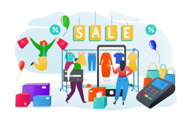 İnternetten satış ve alışveriş, vektör illüstrasyon. Özel karakter cep telefonundan alışveriş yapar, çizgi film internetten sipariş verir.