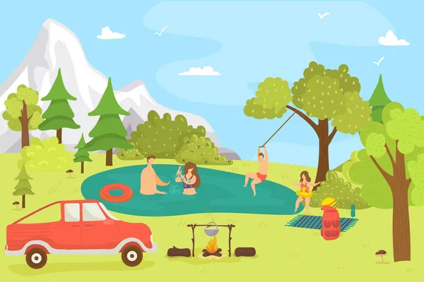 Familia de dibujos animados en el bosque, naturaleza paisaje de verano y la gente, ilustración de vectores. Hombre personaje de mujer en el lago, relajarse al aire libre — Vector de stock