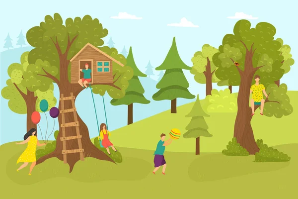 숲 속의 하우스 트리, 만화어린 시절 벡터 그림. 녹색 환경에서 집에 있는 행복 한 소년, 옥외 사다리 근처 오두막으로. — 스톡 벡터