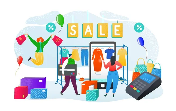 Online prodej a nakupování v obchodě, vektorové ilustrace. Zakázkový charakter, aby nákup v mobilu, kreslené pořadí na internetu. — Stockový vektor