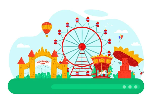 Nöjespark med roliga karusell design vektor illustration. Tecknad ballong, rättvis hjul platt attraktion och underhållning koncept — Stock vektor