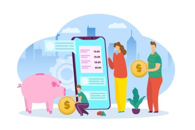 Akıllı telefondaki aile bütçesi, finansal bankacılık uygulaması vektör çizimi. Düz para hesap makinesi afiş tasarımı, gider ve nakit