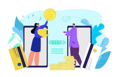 Kart cep harçlığı ödemesi, madeni para işlem uygulaması, vektör çizimi. Akıllı telefon dijital aktarımı, online telefon bankacılığı