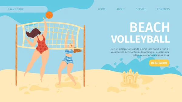 Banner deportivo plano de playa, ilustración vectorial. Gente de dibujos animados personaje jugar voleibol, chica estilo de vida actividad en la página de la plantilla. — Vector de stock