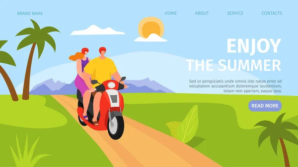 Desfrute de bandeira de desembarque de verão, casal na ilustração do vetor de scooter. Man woman ride motorcycle, página do site de viagens dos desenhos animados . — Vetor de Stock